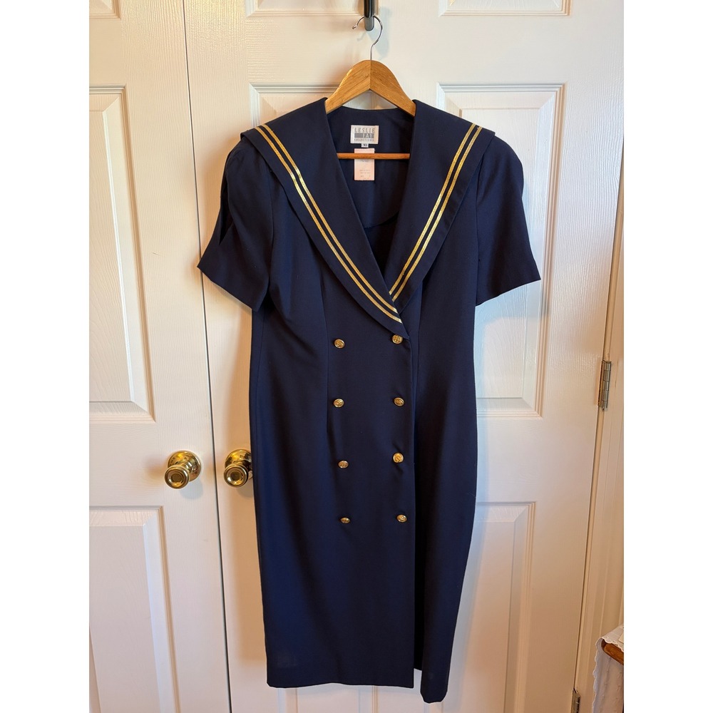 Vintage Leslie Fay Sailor Dress Navy Gold Trim ILGWU USA Made Midi 10